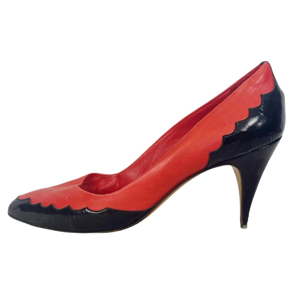 Red and Black Scalloped Leather High Heel Pumps